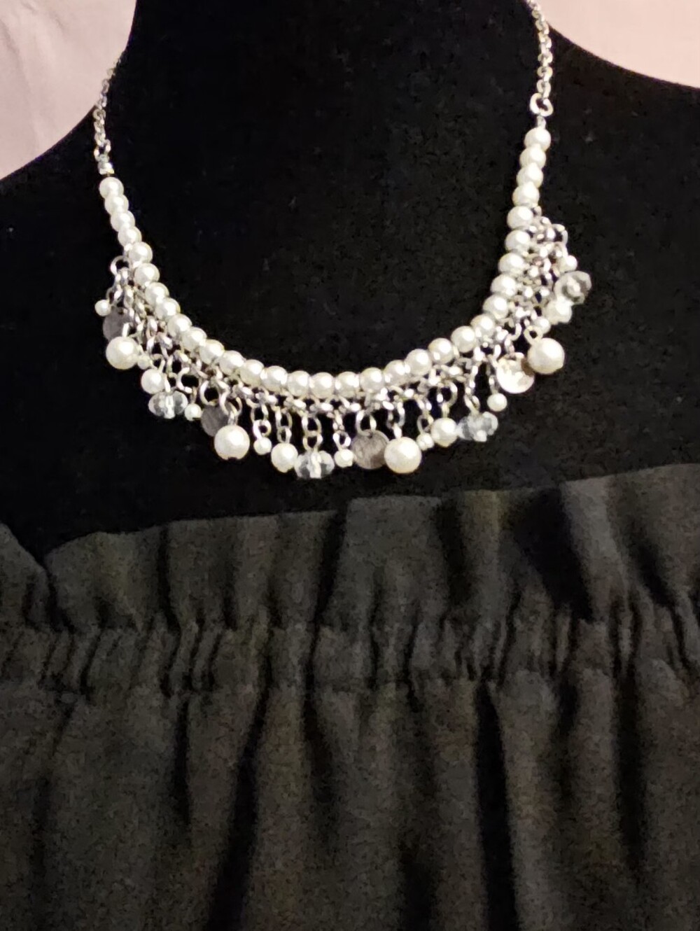 Faux Pearl & Crystal Dangle Fringe Statement Choker Necklace